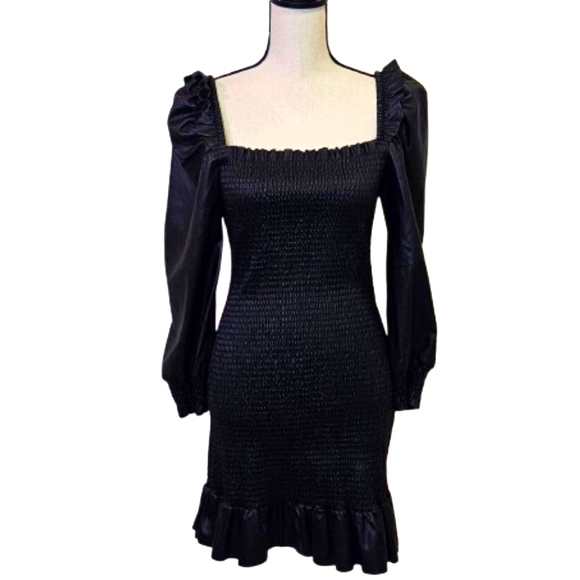 7 For All Mankind Black  Smocked,Long Sleeve,Faux Leather Dress,Medium,NWT - Picture 7 of 16